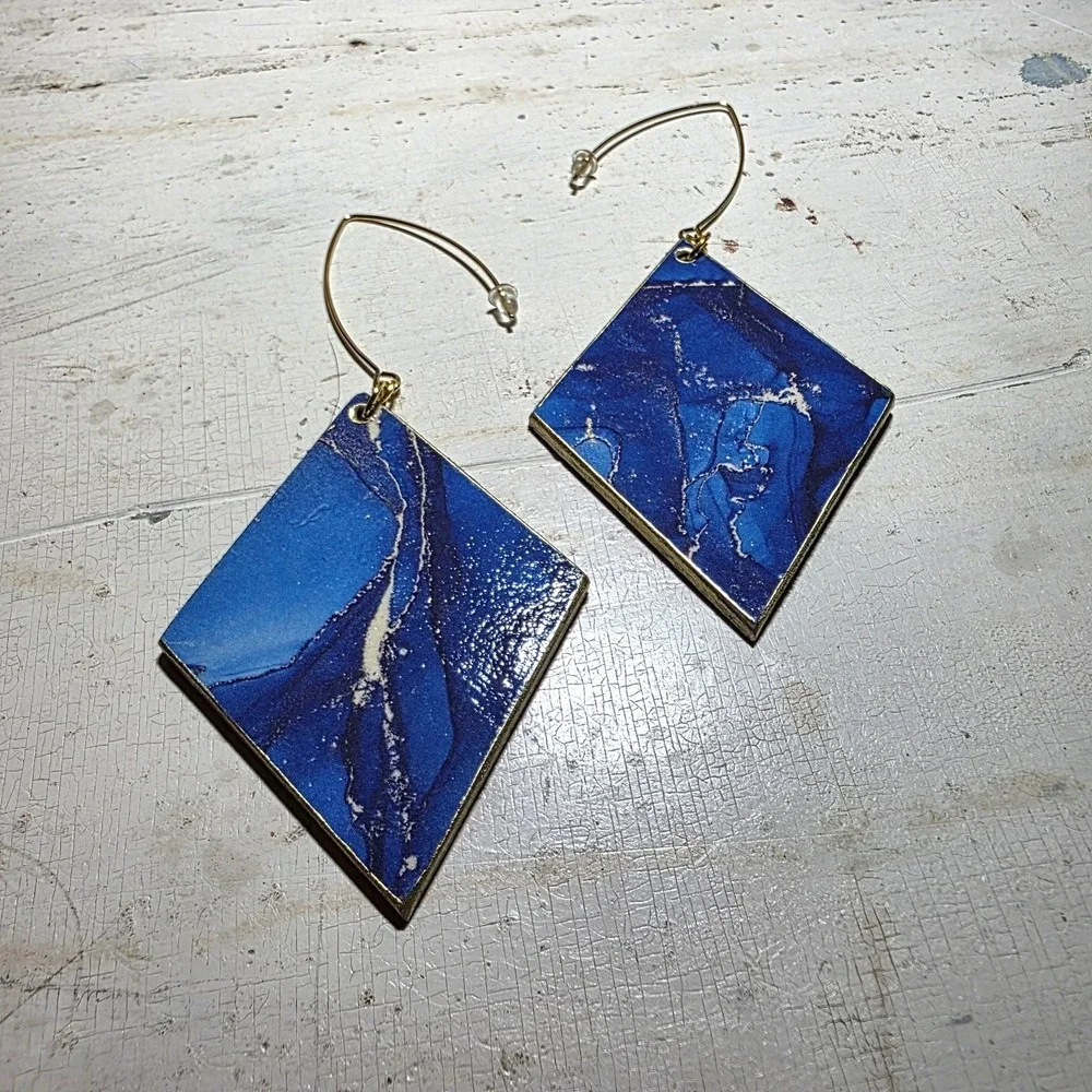 Handmade Abstract Wood Statement Earrings OOAK Deep Blue Gold Metallic Dangles